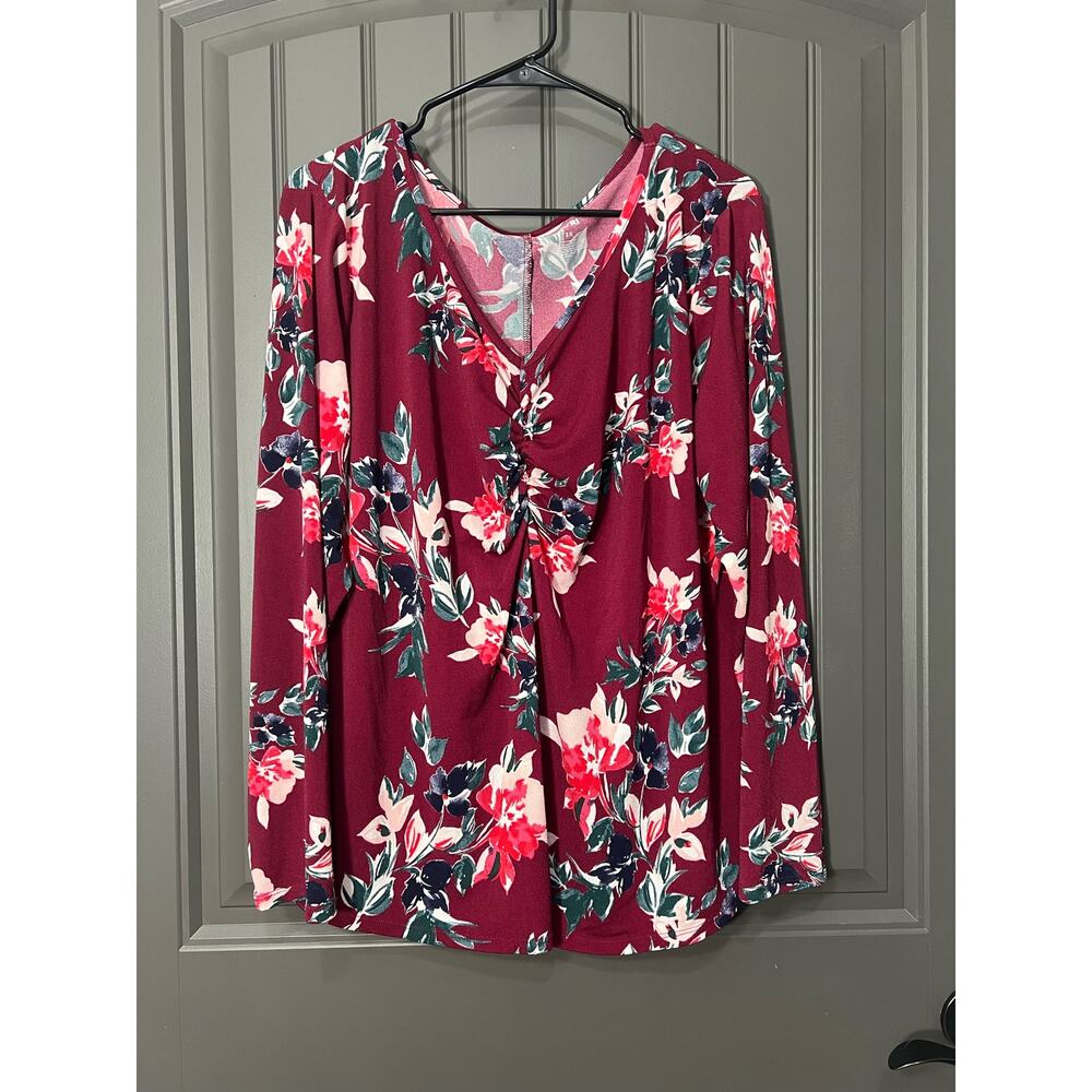 Evri Maroon Floral Long Sleeve V-Neck Top Size 2x